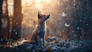 Small dog is sitting on the ground in the snow, looking up at a butterfly. The scene is peaceful and serene, with the dog and butterfly being the only living beings in the image photo