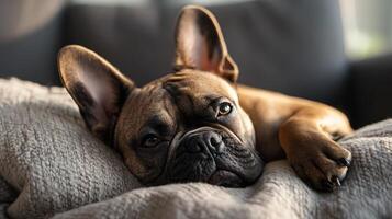 Brown dog with floppy ears lays on a couch. The dog has a look of concentration on its face photo