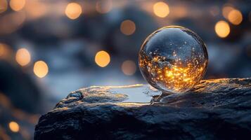 Glowing ball is sitting on a rock. The light from the ball is reflected in the water, creating a beautiful and serene scene photo