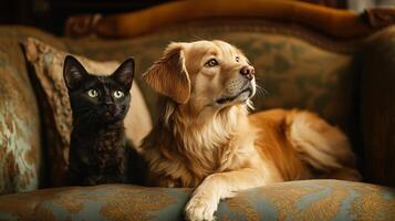 Black cat and a golden retriever are laying on a couch. The cat is looking at the dog, and the dog is looking at the cat. The scene is peaceful and calm photo