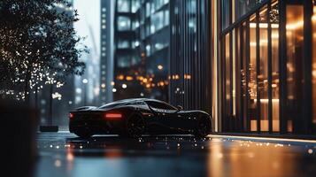 Black car is parked on a wet street in front of a tall building. The car is surrounded by a blurry background, giving the impression of a nighttime scene. Scene is mysterious and somewhat ominous photo
