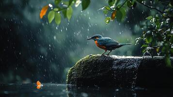 Bird is standing on a rock in the rain. The bird is looking to the left photo