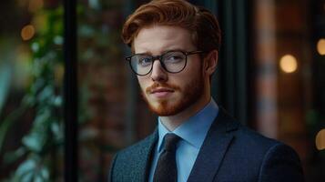 Man with glasses and a beard is wearing a suit and tie. He is standing in front of a window with a plant behind him photo