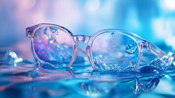 Pair of glasses is floating in a body of water. The water is clear and calm, and the glasses are partially submerged. Concept of tranquility and peacefulness photo
