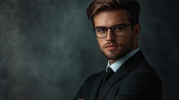 Man in a suit and glasses is standing in front of a grey background. He is looking directly at the camera with a serious expression photo