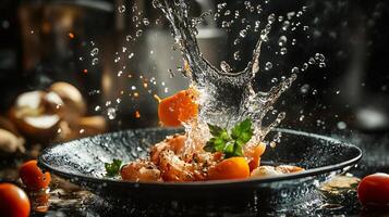 Plate of food with a splash of water on it. The plate is filled with vegetables and meat, and the water is coming from a spoon. Scene is playful and lighthearted photo