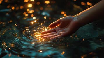 Hand is in the water, and the water is reflecting the light from the sun. The reflection of the hand is creating a beautiful and serene scene photo