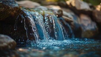 Small waterfall is flowing over a rock. The water is clear and calm, and the rocks are grey and rough. The scene is peaceful and serene, with the sound of the water creating a soothing atmosphere photo