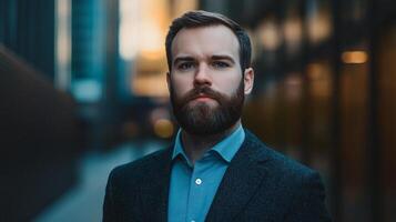 Man with a beard and a blue shirt is standing in front of a building. He is wearing a suit and tie photo