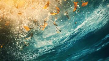 Beautiful blue ocean with a lot of leaves floating in it. The leaves are scattered all over the water, creating a sense of chaos and movement. The scene is serene and peaceful photo