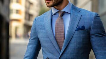 Man in a blue suit and tie stands in front of a building. The suit is patterned and the tie is striped photo