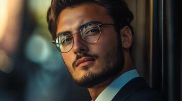 Man with glasses and a beard is standing in front of a wall. He is wearing a suit and tie photo