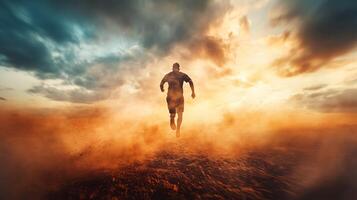 Man is running through a field of sand. The sky is cloudy and the sun is setting photo
