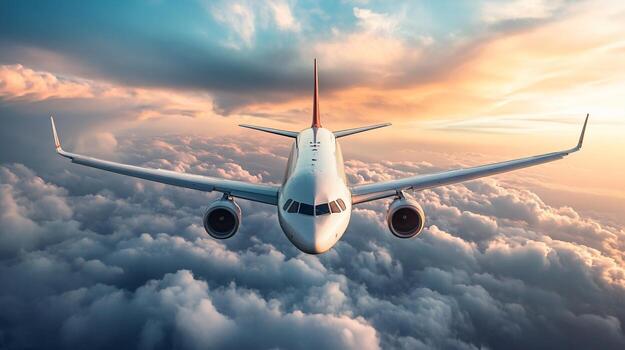 blanco avión es volador mediante un nublado cielo. el nubes son blanco y esponjoso, y el cielo es un mezcla de azul y naranja. el avión es el principal atención de el imagen foto