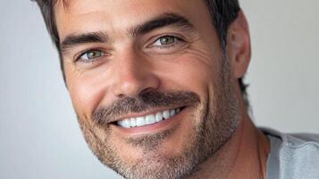 Man with a mustache and green eyes is smiling. He has a clean, white smile and his eyes are bright photo