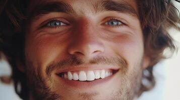 Man with a beard and blue eyes is smiling. He has a white smile and his teeth are visible photo