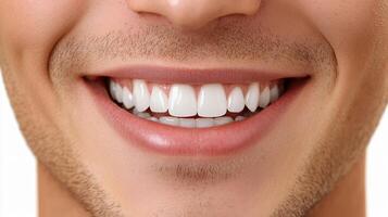 Man with a white smile showing his teeth. The man's teeth are clean and white, and he is smiling photo