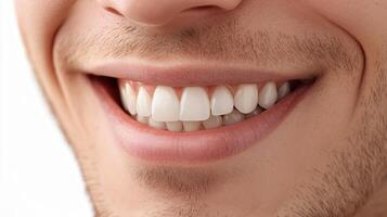Man with a white smile is showing off his teeth. He is smiling and his teeth are very clean and white photo