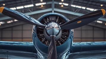 Propeller plane is on display in a hangar. The plane is blue and has a large propeller on the front. The hangar is well lit, and the plane is the main focus of the image photo