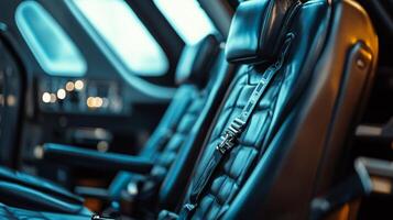The airplane cockpit has a black leather seat with a strap on it. The seat is designed for the pilot to sit in while flying the plane. The strap is used to secure the pilot in place during takeoff photo