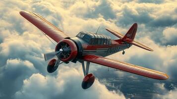 Red airplane is flying through a cloudy sky. The clouds are white and fluffy, and the plane is the only object in the sky photo