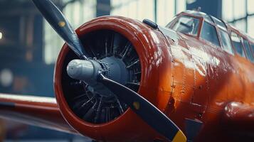 Red airplane with a propeller on the front. The propeller is black and has yellow stripes photo