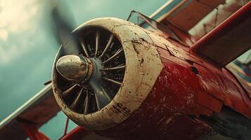 Red and white propeller plane with a rusted propeller. The plane is sitting on the ground photo