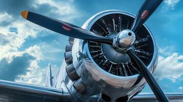Silver propeller plane with a red and yellow propeller. The plane is in the sky with a blue background photo