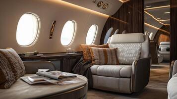 Luxurious airplane interior with a white leather couch and a tan chair. The couch has a book on it and a pillow on it. The room is decorated with a brown and orange color scheme photo
