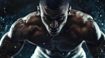 Man with a tattoo on his arm is sweating while working out. Concept of hard work and dedication to fitness photo