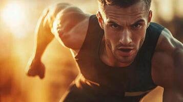 Man is running with his arms outstretched, looking ahead. Concept of determination and focus as the man pushes himself to reach his goal photo