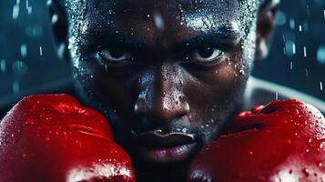 Man with a boxing glove on his left hand and a red glove on his right hand. He is looking at the camera with a serious expression photo