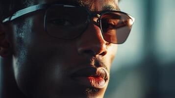 Man with glasses is looking at the camera. The image has a moody and mysterious feel to it photo