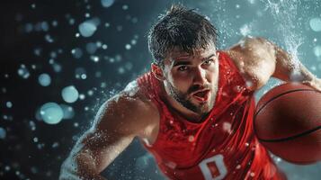 Man in a red basketball jersey is running with a basketball. The image has a blurry, wet look to it, giving it a sense of motion and action photo
