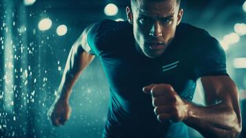 Man running with his arms outstretched and a sweatband on his forehead. Concept of determination and focus as the man pushes himself to run faster photo