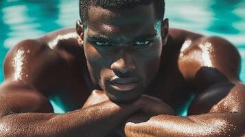 Man with a muscular build is posing for a picture in a pool. Concept of confidence and strength, as the man is fully clothed and he is enjoying himself. The pool setting adds a sense of leisure photo