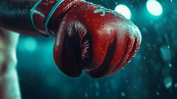 Boxing glove is wet and red. The glove is being held by a person. The image has a mood of determination and strength photo