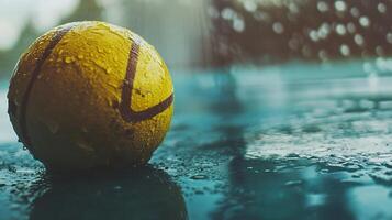 Yellow tennis ball is sitting on a wet surface. The ball is surrounded by water droplets, giving it a shiny and reflective appearance. Concept of calmness and tranquility photo