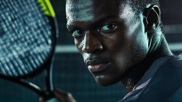 Man is holding a tennis racket and looking at the camera. Concept of determination and focus, as the man prepares to play a game of tennis photo