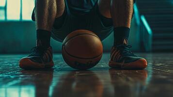 Man is crouching down with a basketball in his hand. The ball is orange and black photo