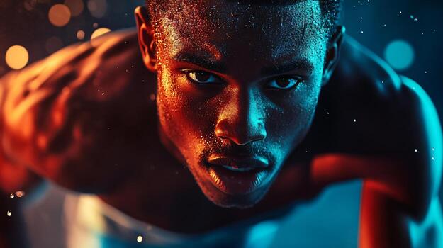 Man with a black beard and a red face is shown in a close up. The man is wearing a white shirt and he is sweating. The image has a moody and intense feel to it photo