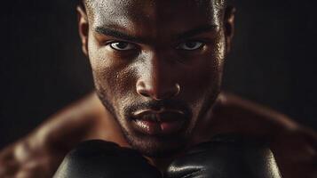 Man with a black face and sweat on his face. He is wearing boxing gloves. Scene is intense and focused photo