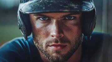 Baseball player with a helmet on his head. The man has a serious expression on his face photo