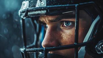 Man wearing a football helmet with his eyes open. The helmet is wet and the man's face is wet as well photo
