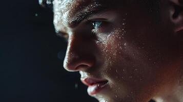 Man with sweat on his face is looking at the camera. Concept of determination and focus, as the man is in the middle of a workout or a challenging task photo