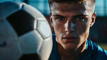 Man is standing in front of a soccer ball. He is wearing a blue shirt and he is sweating photo
