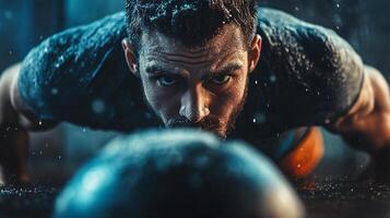 Man is doing a push up with a ball in his hand. The man is sweating and looking down at the ball photo