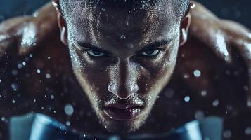 Man with sweat dripping from his face. The man is wearing a blue shirt and is looking at the camera photo