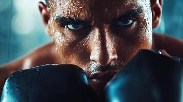 Man with sweat on his face and a boxing glove on his left hand. He has a serious look on his face photo