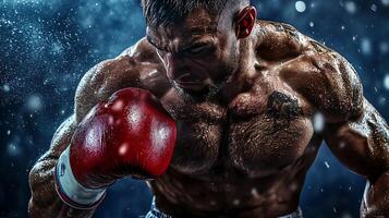 Man in a boxing ring with a red glove on his left hand. The man is sweating and he is exhausted photo